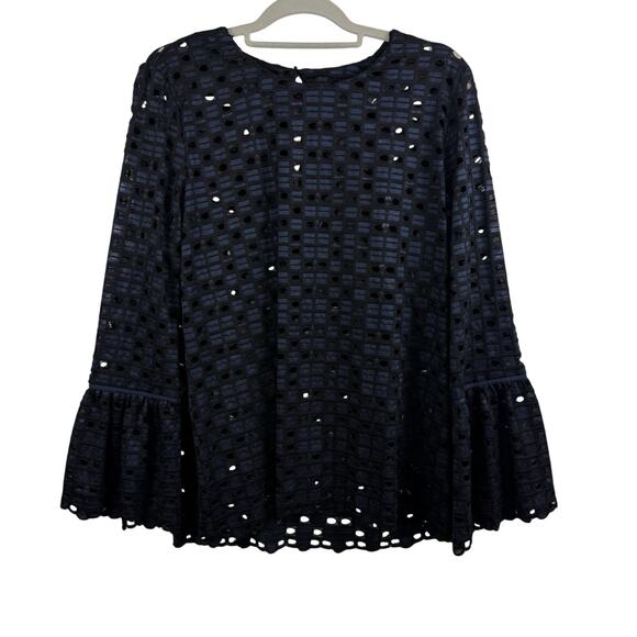 Ann Taylor Black Blue Eyelet Blouse Small Long Bell Sleeve Sheer Embroidered - Picture 1 of 14